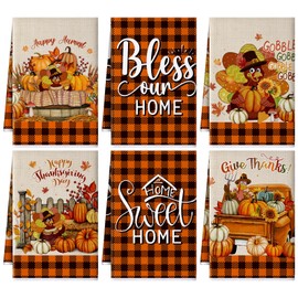 Preboun 6 Pack Fall Kitchen Towels Mode Buffalo Plaid Bowknot Sunflower Pumpkin Design Fall Hand Towels Autumn Flower Dish Cloths Absorbent 16 x 24 Inch for Bathroom(Turkey,Orange)