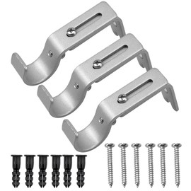 Fodlon Curtain Rod Brackets Set, 3Pcs Adjustable Heavy Duty Metal Curtain Pole Holder Bracket Holder Curtain Rod Support Wall Brackets Holder with Screw for Poles Wall Rod (Silver)