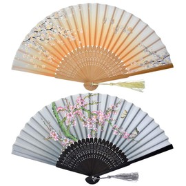 Bantoye 2 Pieces Gradient Color Handheld Fans, Silk Folding Fans with Bamboo Frames for Christmas Dancing Cosplay Wedding Party Props Decoration, Orange and Grey