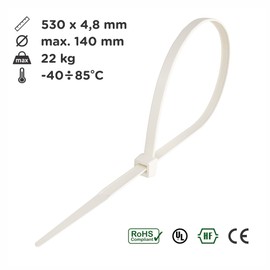 intervisio Cable Ties Extra Long 530 mm x 4.8 mm Professional High-Quality Industrial Quality White - Natural - White - Pack of 100