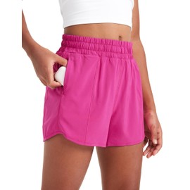 CRZ YOGA Girls Athletic Shorts with Zipper Pocket Lightweight Running Shorts for Teen Girls Kids Liner Hibiscus Purple X-Large