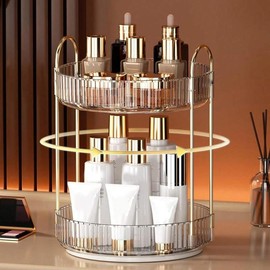 360 Rotating Makeup Organizer And Storage For Vanity Countertop 2 Tiers, High Capacity Cosmetic Skincare Perfume Organizer For Dresser Bathroom Lazy Susan Organizers(Clear White) skincare organizer:_Clear_2 Layer
