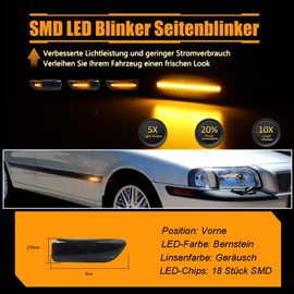 GSOWO Indicator Side Indicator with Canbus Error Free 2835 SMD for Volvo S60 2000-2009, S80 1998-2006, V70 II 2000-2007, XC90 2002-2006, XC70 2000-2007, Full LED Strip Indicator 2 pieces