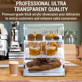 MyGift 3 Tier Premium Clear Acrylic Pastry Display Case Bread Box, Professional-Grade Retail Bakery with Removable Trays and Magnetic Rear Doors for Home or Commercial Use