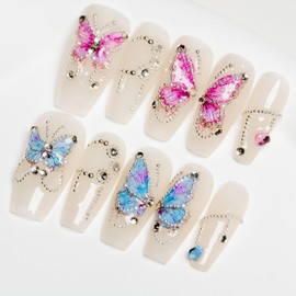 Sun&Beam Nails Handmade Nail Tip, Medium, Long, Ballerina, Coffin False Claws, White, Pearl, Colorful Butterfly, Popular, Stylish, Cute, False Nails, Pack of 10 (#90 L)