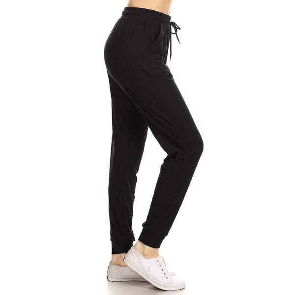 Leggings Depot Womens Relaxed fit Jogger Pants - Track Cuff Sweatpants with Pockets, Black, Medium