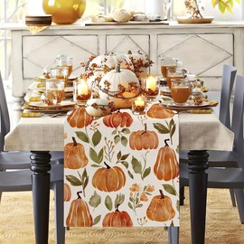 Fall Pumpkin Flower Leaf Table Runner, Autumn Seasonal Thanksgiving Day Table Decoration 13x72 Inch for Kitchen Dinning Home Party