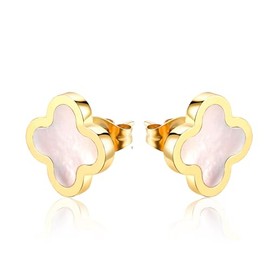 Four Leaf Clover Earrings for Women 18K Rose Gold Plated Stainless Steel Lucky 4 Leaf Ear Studs Jewelry Gift for Mother and Daughter (White & Rose Gold) (White Gold)