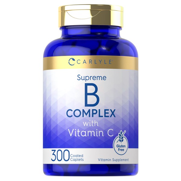 Vitamin B Complex with Vitamin C | 300 Caplets | Vegetarian, Non-GMO and Gluten Free Supplement | by Carlyle