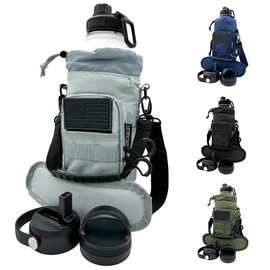 LUNCHALOT Half Gallon Water Bottle Jug - 84 Oz Insulated Stainless Steel Metal Water Jug with Holder - Carrying Bag - Spout Handle - Straw Lids - Keep Cold & Hot - White Tactical Flask