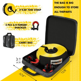 AUREOLE Heavy Duty Tow Strap Recovery Rope Kit 3" x 30ft Snatch Straps Lab Tested 35,000lb Break Strength, 22% Elongation 100% Nylon Strap + 3/4 D Ring Shackles (2 Pack) with 4 Washers + Storage Bag