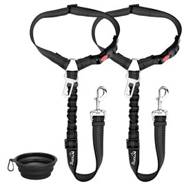 SlowTon Cinturón de Seguridad para Perros, Arnés de Seguridad Ajustable 2 en 1 para Coche, Cinturón de reflexivo Amortiguador Nylon para Pequeño Grande Perro Viaje (3 Piezas, Negro con Cuenco)