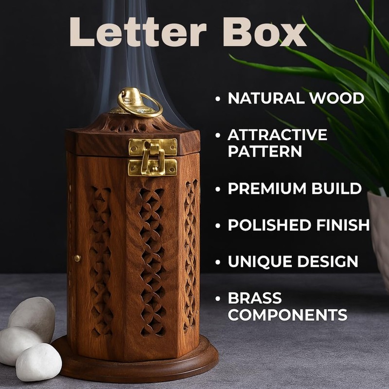 Bless-International Traditional-Handmade-Burner Wooden-Incense-Stick-Holder Ash-Catcher-Stand for-Aromatherapy-Meditation-Yoga (7 Inch Letter Box Wooden