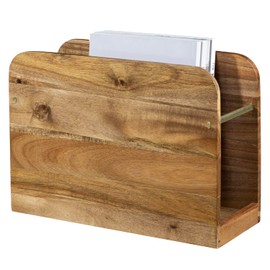 MyGift Premium Hotel Series Solid Acacia Wood Tabletop Magazine Holder Stand with Brass Tone Metal Accent, Freestanding Wooden Rack for Magazines Newspapers Files