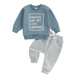 Toddler Baby Boy Fall Winter Outfit Long Sleeve Letter Print Sweatshirts and Jogger Pants Infant Boy Clothes (Snacks Blue, 12-18 Months)