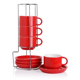 Sweejar Porcelain Cappuccino Cups with Saucers and Metal Stand, 8 Ounce Stackable Espresso Cups for Specialty Coffee Drinks, Latte, Americano, Tea - Set of 4 (Red)