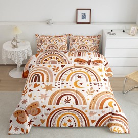 Kids Rainbow And Butterfly Twin Bedding Sets For Girls Boho Stars Moon Comforter Set Boys Bohemian Botanical Leaf Down Comforter Pastel Brown Color Love Hearts Quilt Duvet Insert 1 Pillow Case