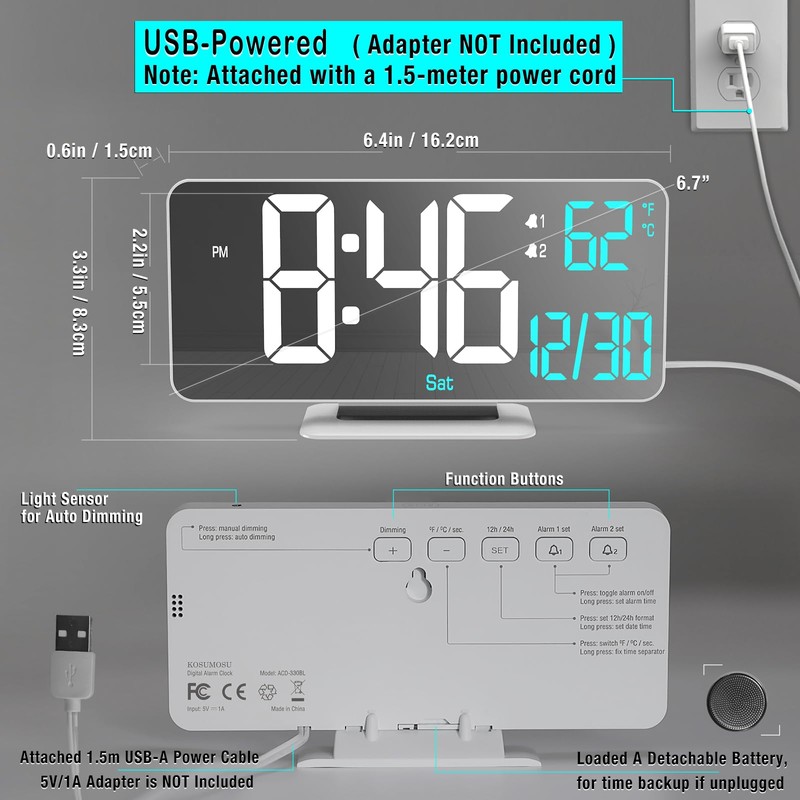KOSUMOSU Digital LED Clocks for Bedrooms 6.7in White Alarm Clock,