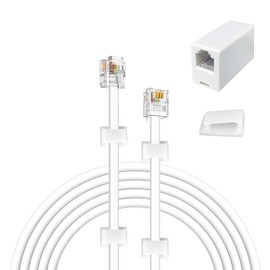 YOLISTIC 30 Feet Telephone Cable(RJ11 6P4C Plug) Include 1 in-Line Couplers(Double RJ11 6P4C Female) and 20 Cable Clips, White