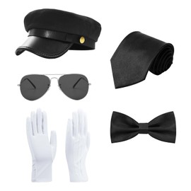 NyxSeat 1 Set Makeup Suit Black Beret Black Tie Black Bow Tie Sunglasses with Silver Frame White Gloves Fashion Suit Versatile Combination, black