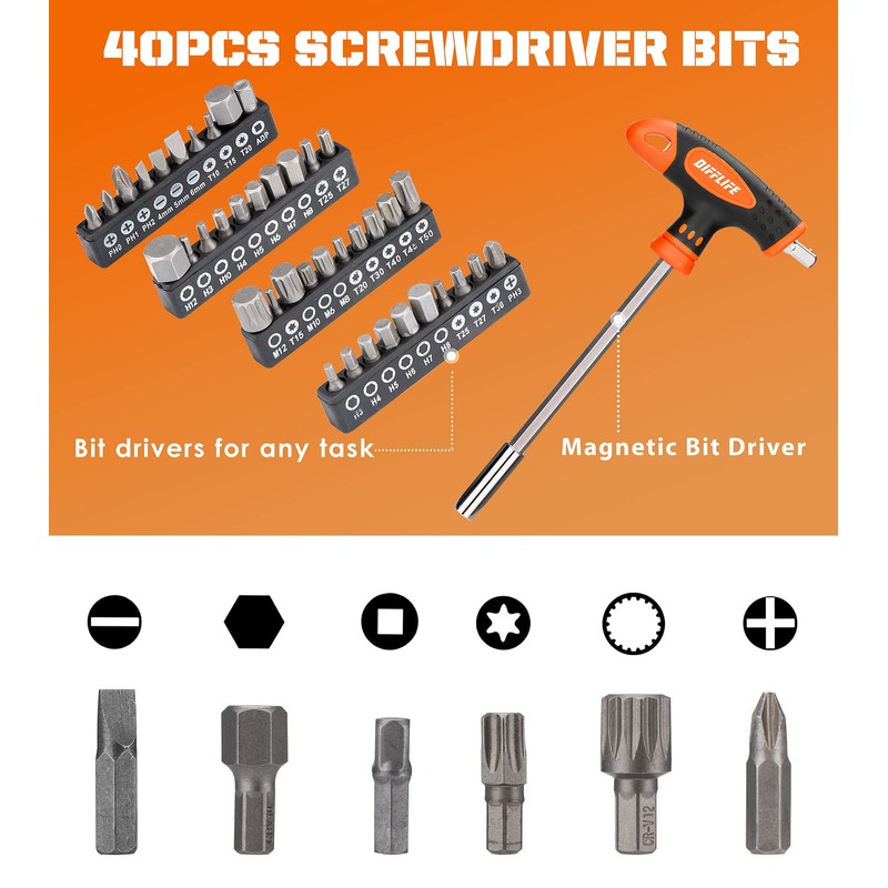 DIFFLIFE Screwdrivers Set with Case, 120-piece Includes Slotted, Phillips, Hex,