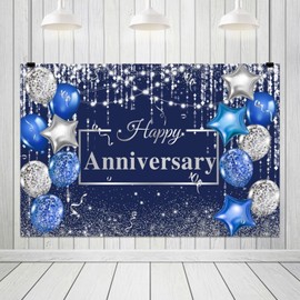 ZJRBJB 8x6ft Happy Anniversary Backdrop Navy Silver Glitter Diamond Background for Cheer to Years Wedding Anniversary Bridal Shower Party Decoration Photo Backdrop Miss to Mrs Background