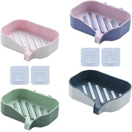 4 Pack Soap Dish with Drain Soap Holder, Double-layer Contrasting Color Soap Trays, Wall-mounted Punch-free Soap Box for Shower Bathroom Kitchen - Free 4 Hooks