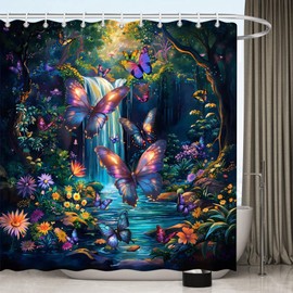Wonderland Shower Curtain Fantasy Misty Forest Butterfly Waterfall Tropical Rain Forest Jungle Flower Fairy Tale Fairyland Bath Decor Polyester Fabric Curtains 70X70 Inch
