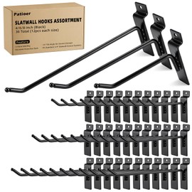 Patioer 36 Pack Slatwall Hooks Assortment, 4/6/8 Inch Heavy Duty Black Panel Hangers, 30LB Capacity Steel Hooks with Tilt Design for Garage, Workshop & Retail Organization