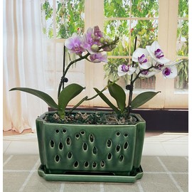 Fowargif 10inch Rectangle Ceramic Orchid pots with Holes with saucer (Shinny Green)