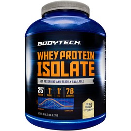 BODYTECH BodyTech Whey Protein Isolate Powder - with 25 Grams of Protein per Serving & BCAA's - Ideal for Post-Workout Muscle Building & Growth, Contains Milk & Soy - Vanilla (5 Pound)