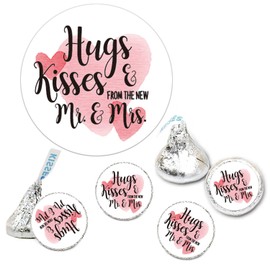 Chocolate Drop Labels Stickers, Hugs & Kisses from The New Mr. & Mrs, 180 Pack, Fits Hershey's Kisses Party Favors, Wedding Stickers for Weddings, Bridal Shower Engagement Party.