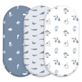 Baby Bassinet Sheets Girl Boy, Stretch Fitted Bassinet Sheet Set 3 Pack Bassinet Mattress Sheets Universal Fit for Rectangle, Round, Oval, Hourglass Mattress, Soft Breathable Blue Ocean Sailor