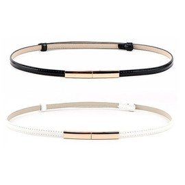 Desuibao 2 Pack Thin Belts for Women, Gold Buckle Skinny Belt Women, Adjustable up to 95cm Waist Belts for Women for Dresses Pants Sweater, PU leather Fashion Belt for Girls Teens, Black & White