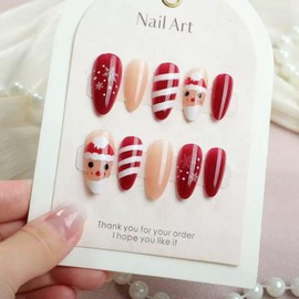 Christmas Press on Nails Medium Almond Fake Nails with Santa Claus Design Striped Snowflake Glue on Nails Glossy White False Nails Xmas Holiday Winter Stick on Nail for Women Manicure 24Pcs