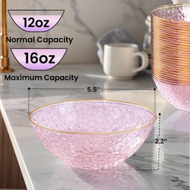 I00000 20 Pack 12-16 Ounce Pink Plastic Bowls Hammered Gold Rimmed Crystal Like, Heavy duty Disposable Bowl Set,Elegant Soup/Salad/Dessert/Ice Cream Bowls For Party, Weddings, Catering