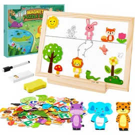 Wooden Magnetic Puzzle Board, Magnetic Animals Letters Numbers Creative Jigsaw Game Double Sided Art Board, Educational Drawing Easel Blackboard Wooden Toys for 2 3 4 5 Year Old GIrls Boys
