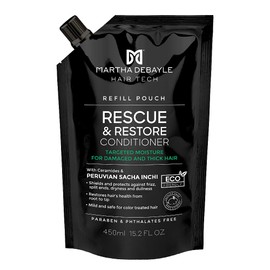 MARTHA DEBAYLE Acondicionador REFILL POUCH RESCUE & RESTORE. Brillo hidratado para cabello áspero y maltratado. Con ceramidas y Sacha Inchi Peruano. Sin parabenos y ftalatos. 450 ml