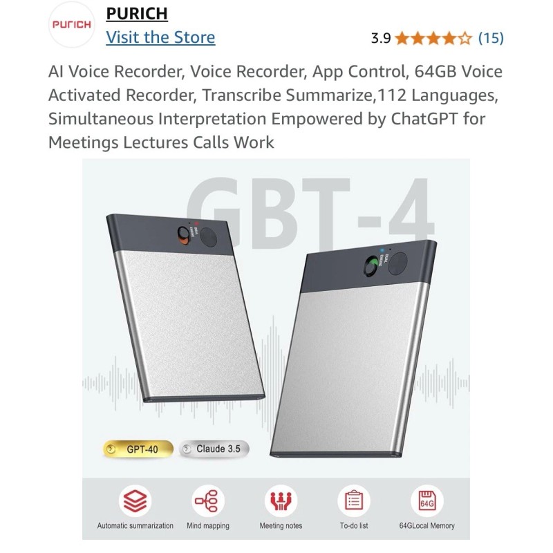 PLAUD Note AI Voice Recorder w/APP Control Bluetooth Aluminum Alloy
