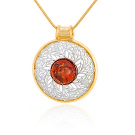 AMBEDORA Women's Openwork Necklace with Amber, Sterling Silver Polished with Gold Plating, Baltic Amber in Cognac Colour, Silver with Gold Plating Pendant with Chain, Gold, Amber