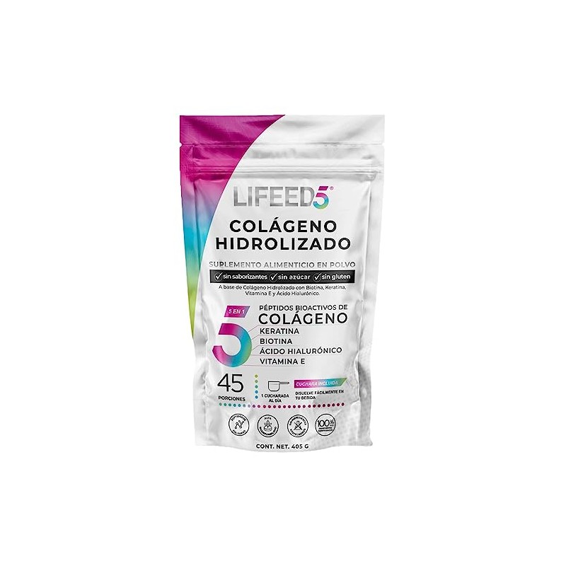 LIFEED5 Colágeno Hidrolizado en Polvo con Ácido Hialurónico, Biotina| 405g