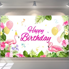 Happy Birthday Banner Flamingo Themed Party Decoration Backdrop Flamingo Banner Party Supplies Tropical Floral Photo Booth Hawaiian Themed Party Decoration for Luau Beach Party, 70.8 x 43.3 Inch