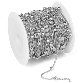 33 Feet Stainless Steel Satellite Bead Chains Roll, 2mm 304 Stainless Steel Ball Beaded Flat Twisted Links Curb Chains Spool Bulk for Jewelry Making DIY Craft