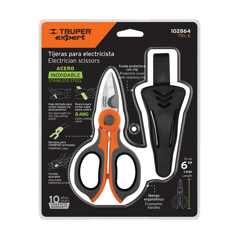 Truper Expert TIEL-6, Tijera 6" para electricista cortes limpios sin