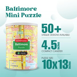Geotoys Baltimore Mini City Puzzle - 100 Piece Puzzles for Kids and Adults in Portable Can, 13" x 10" Educational Travel Puzzle for Ages 7 and Up - Mini Puzzles to Learn & Explore Geography