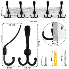Kuhome Coat Rack Wall Mount Wooden Hat Rack for Wall Hooks Pine Real Wood Plank 16.9" White Coat Hanger with 5 Black Triple Hooks for Hanging Coat Hat Jacket