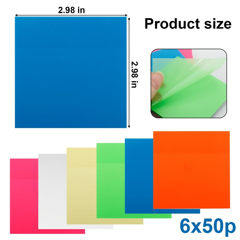 300 Sheets Clear Transparent Sticky Notes, Colorful Waterproof Notepad, Translucent