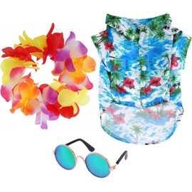 3 Pieces Pet Dog Hawaiian Costume Summer Shirts for Dogs Hawaiian Dog Cat T-Shirts Cute Sunglasses and a Colorful Wreath for Small to Medium Dog (Large)
