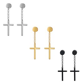 Ladies’ and Gent's Cross Earrings, Set of 3 Gold, Silver and Black Cross Pendant Earrings