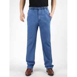 LONGBIDA Mens Elastic Waist Jeans Relaxed Fit Men's Stretch Denim Pants Business Straight Leg Trousers(Light Blue,2XL)